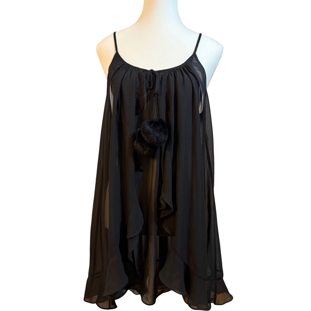 Oscar de la Renta‎ Nightgown Women Medium Black Sheer Fur Pom Babydoll 682239